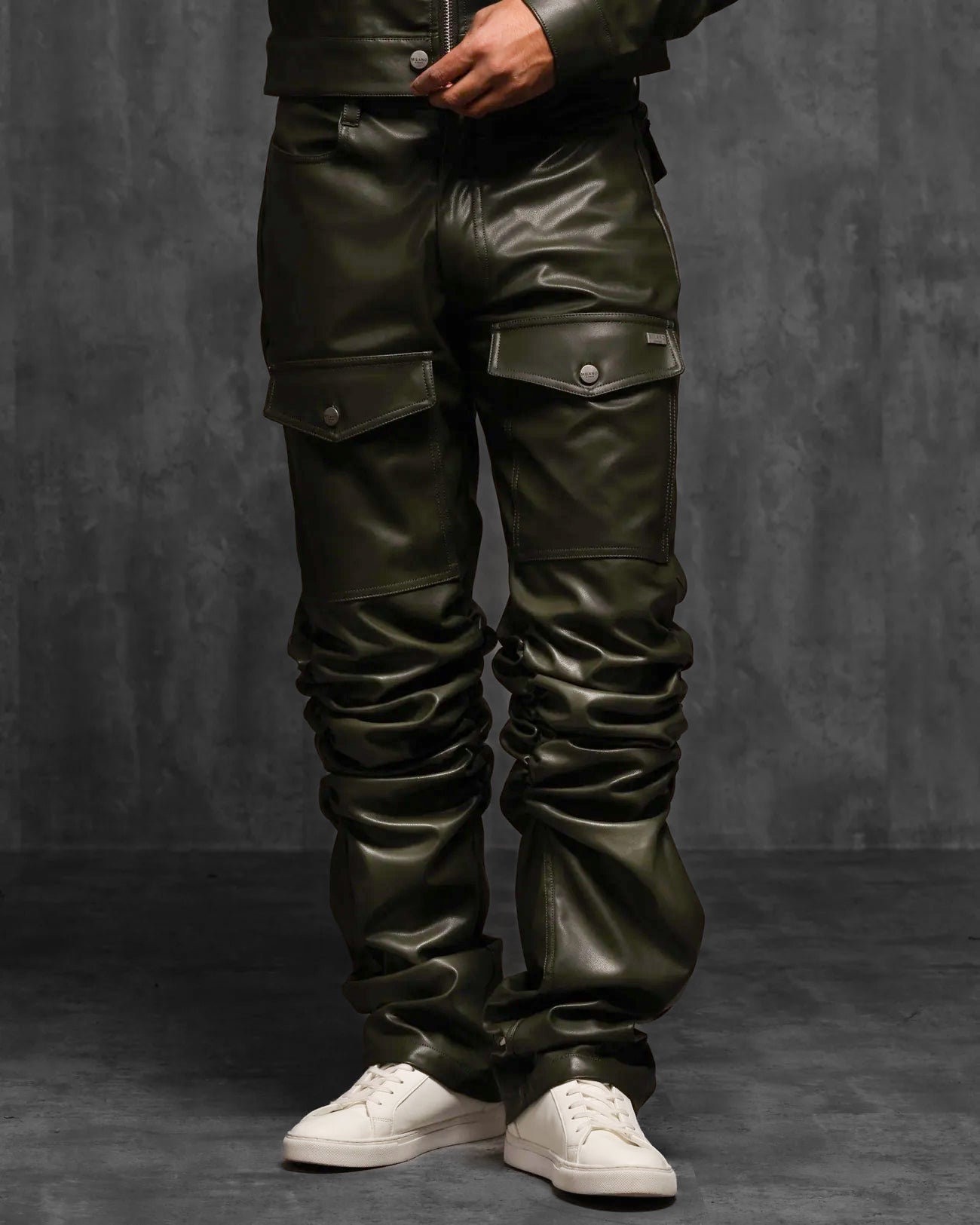 Black Men Wearing Leather Trousers High Waisted Pin Tuck Slim Fit