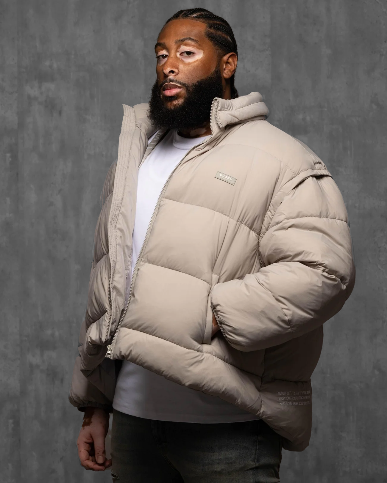 Beige puffer deals coat with hood